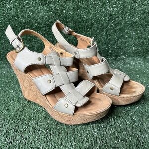 Born Crown Gladiator Wedge Sandals Blue Leather Strappy Buckle Heel Size 6